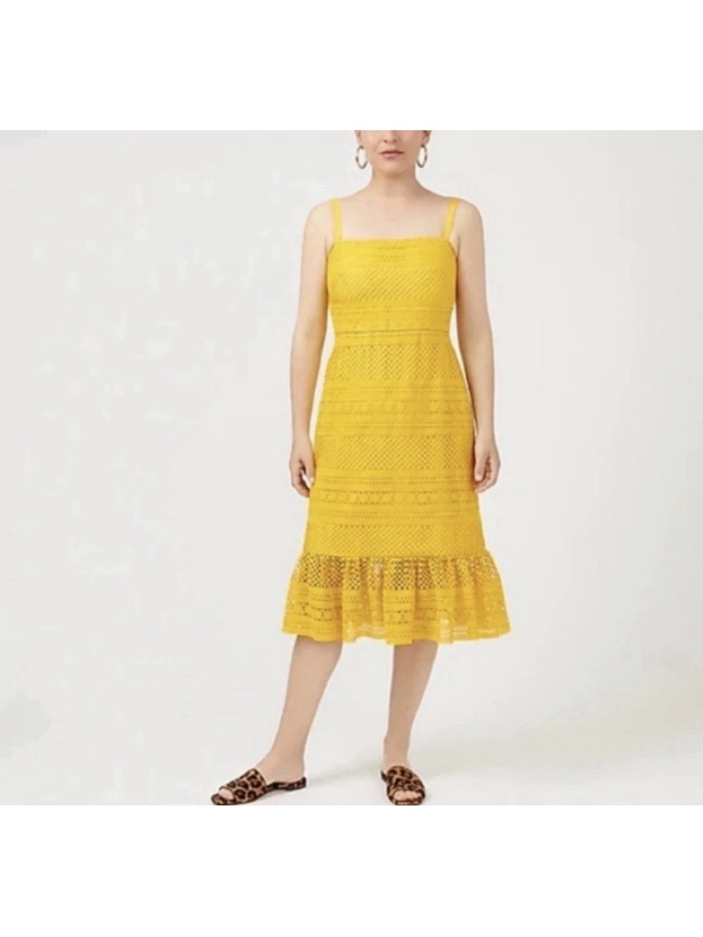 J. Crew Geometric Lace Sleeveless Midi Dress size 8 Canary Yellow